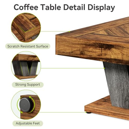 LITTLE TREE Square Coffee Table, Modern Rustic Coffee Table for Living Room, Wooden Table with Adjustable Feet, Brown - color: Brown + Black