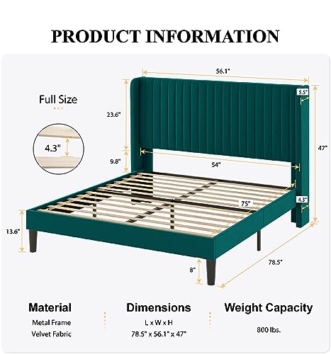 SHA CERLIN Full Size Velvet Bed Frame, Tufted Wingback Headboard, Teal | 47'' Modern Vertical Channel Headboard, Upholstered Platform Bed, Wood Slats, No Box Spring Needed, Easy Assembly, Noise Free - color: Teal, size: Full