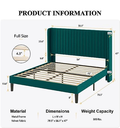 SHA CERLIN Full Size Velvet Bed Frame, Tufted Wingback Headboard, Teal | 47'' Modern Vertical Channel Headboard, Upholstered Platform Bed, Wood Slats, No Box Spring Needed, Easy Assembly, Noise Free - color: Teal, size: Full