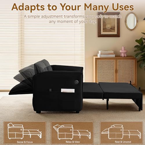 63" 3-in-1 Velvet Convertible Sleeper Sofa Bed, Modern Adjustable Backrest Loveseat Pull Out Couch with USB & Side Pocket, Small Space Love Seat Sofa Bed for Living Room, Bedroom, Black Velvet - color: Black