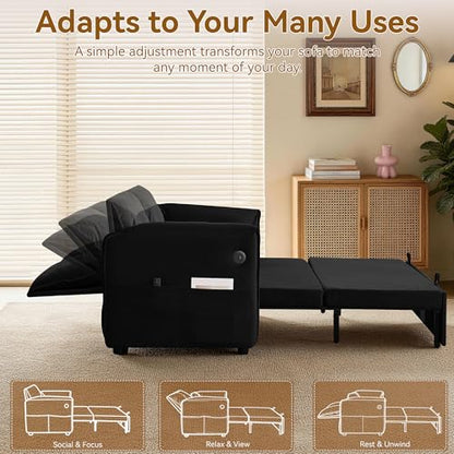 63" 3-in-1 Velvet Convertible Sleeper Sofa Bed, Modern Adjustable Backrest Loveseat Pull Out Couch with USB & Side Pocket, Small Space Love Seat Sofa Bed for Living Room, Bedroom, Black Velvet - color: Black