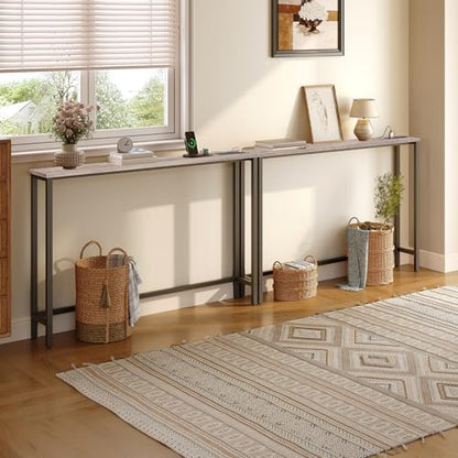 HOOBRO 47.2" Narrow Console Table with Power Outlets, 5.9" Behind Couch Table with Charging Station, Narrow Sofa Table, Long Entryway Table for Living Room, Hallway, Foyer, Greige BG15XG01G1 - color: Greige + Black, size: 47.2"L x 5.9"W x 31.5"H