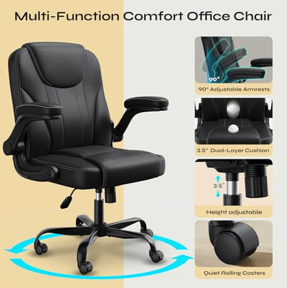 PU Leather Mid-Back Office Chair, Flip-Up Arms, 3.5" Dual-Layer Cushion | PU leather mid-back chair with 3.5" dual-layer cushion, flip-up armrests, swivel wheels, and pneumatic height adjustment - color: Black