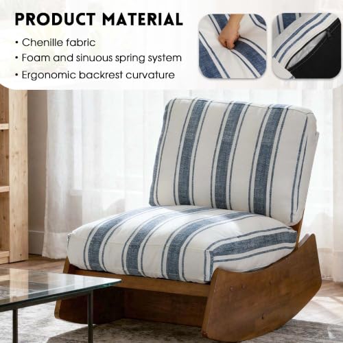 Armless Rocking Chair, Upholstered Lounge Chair, Navy Stripe | Comyf Chenill, Curved Solid Wood Base, for Living Room, Bedroom - color: Dark Blue Stripe