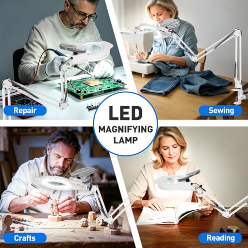 KIRKAS LED Magnifying Lamp with Clamp, 2,200 Lumens Dimmable 35in 12X | Magnifying Glass with Light for Repair Reading Craft Needlework Workbench Magnifier Dust Cover Adjust Swivel Arm - color: White 35in