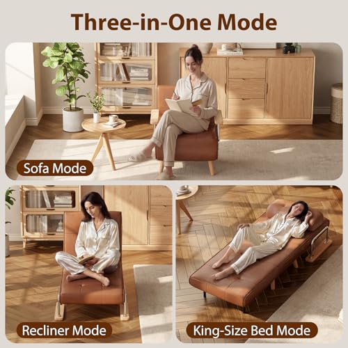 SUIYIMU Folding Chair Bed, 3-in-1 Convertible Sleeper Chair Bed (Natural Wood-Faux Leather) - color: Natural Wood-tone Leather