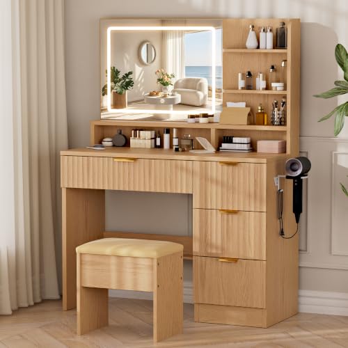 LIVELYGLOW 35.4" Wooden Makeup Vanity Set with Charging Station & Stool | Smart LED Mirror, Fluted Design, Cushioned Stool, Hairdryer Rack - color: Wooden