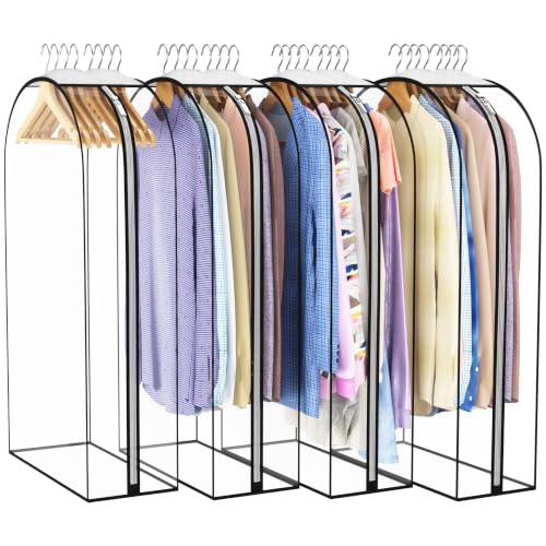 Liuoud Clear Garment Bags for Hanging Clothes 10” Gusseted, 4 Pack, 40” | Suit Bags for Closet Storage with Large Metal Zipper, Breathable odorless Hanging Plastic Clothes Cover for Coat Dress Fur - color: Clear, size: 40 inch