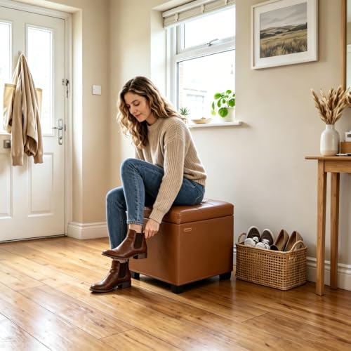 ABHENG Steel Frame Square Ottoman with Storage Caramel UASND645Z | 17.7" x 17.7" x 17.7", Hold 660 lbs, 48L Storage Capacity, Waterproof Synthetic Leather, Removable Lid, for Dorm Living Room - color: Pu-caramel, size: 17.7"D x 17.7"W x 17.7"H