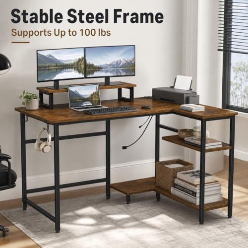 DEVAISE Compact 43 Inch L Shaped Gaming Desk with LED Lights, Rustic Brown | Steel frame and engineered wood desktop with 2 AC outlets, 2 USB ports, and monitor stand for compact gaming setups - size: 43 Inch