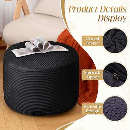 Round Ottoman Foot Rest Pouf for Living Room Couch - Soft Plush Hassock - color: Black