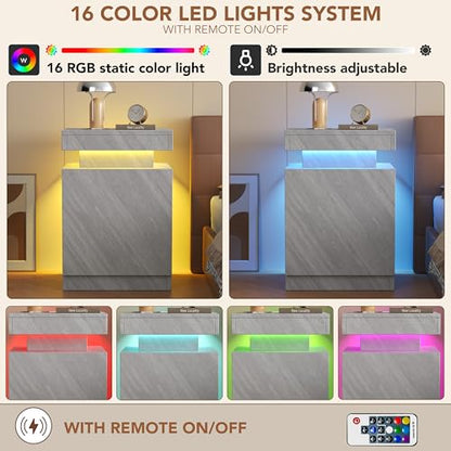 Nightstands Set 2, 17 Inches Modern Bedside Table with LED Lights, LED Night Stand Set of 2, High Gloss Surface, End Table with Storage for Bedroom, Grey - color: Grey-17"