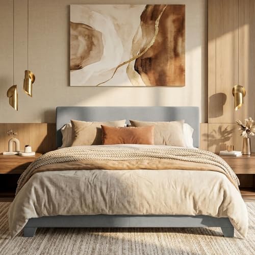 SHA CERLIN Linen Upholstered Full Size Bed Frame with Headboard, Light Gray | Adjustable Low-Profile Platform Bed, Minimalist Design, Stable Mattress Foundation, Strong Back-Support, No Box Spring Needed - color: Light Grey, size: Full