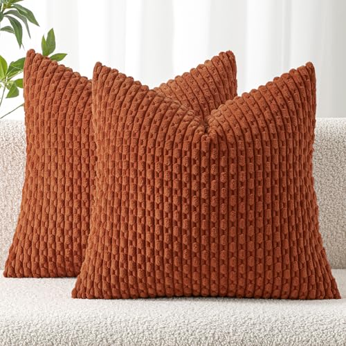 MIULEE Fall Decorative Throw Pillow Covers 16x16 Rust Textured Corduroy | Terracotta Pack of 2 Striped Pillow Covers Modern Farmhouse Autumn Home Decor for Couch Bed Sofa Living Room - color: Rust, size: 16" x 16" (Pack of 2)