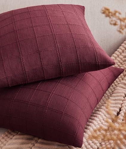 Linen Checked Throw Pillow Covers Set of 2, 16x16 Inch Allover Grid Burgundy, Farmhouse Decorative Double Sided Grid Embroidered Couch Pillow Cases Red Cotton Linen Cushion Covers - color: Allover Grid Burgundy, size: 16" x 16" (Pack of 2)
