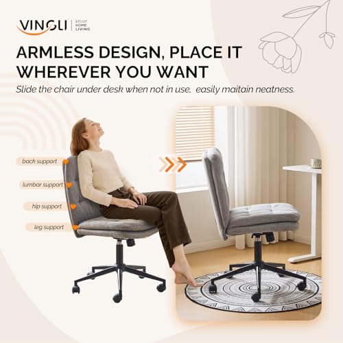VINGLI Mid Back Armless Office Desk Chair with Wheels/no Wheels,360°Rocking Swivel Vanity Chair with Thickened Cushion,Adjustable Height Rolling for Reading Room, Make up, Linen Dark Grey - color: Dark Grey