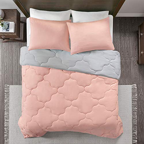 Comfort Spaces Vixie Reversible Comforter Set - Trendy Casual Geometric Quilted Cover, All Season Down Alternative Cozy Bedding, Matching Sham, Coral/Gray, Twin/Twin XL 2 piece | Down Alternative, All Season, Bedding for Bedroom, Geometric Pattern, Revers
