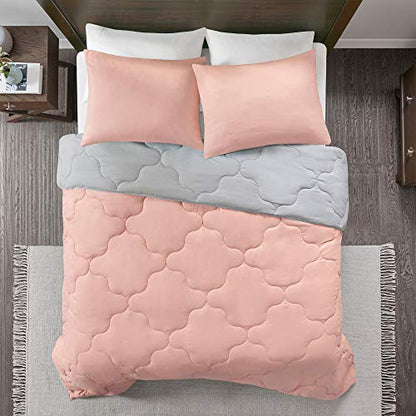 Comfort Spaces Vixie Reversible Comforter Set - Trendy Casual Geometric Quilted Cover, All Season Down Alternative Cozy Bedding, Matching Sham, Coral/Gray, Twin/Twin XL 2 piece | Down Alternative, All Season, Bedding for Bedroom, Geometric Pattern, Revers