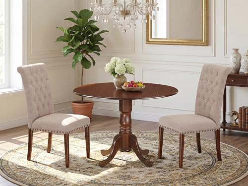 East West Furniture DLBR3-MAH-04 3 Piece Dining Room Furniture Set Contains a Round Dining Table with Dropleaf and 2 Light Tan Linen Fabric Parsons Chairs, 42x42 Inch, Mahogany - color: Dlbr3-mah-04