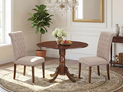 East West Furniture DLBR3-MAH-04 3 Piece Dining Room Furniture Set Contains a Round Dining Table with Dropleaf and 2 Light Tan Linen Fabric Parsons Chairs, 42x42 Inch, Mahogany - color: Dlbr3-mah-04
