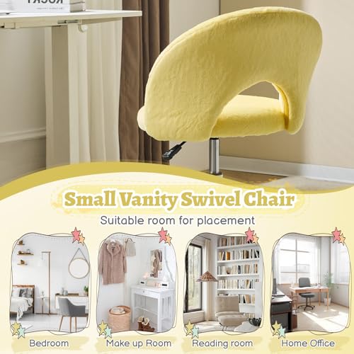 VINGLI Small Vanity Chair with Faux Fur Wheels for Girls,Cute Adjustable Height Armless Office Desk Chair,360°Swivel Comfy Rolling for Study,Make up Room,Small Space,Yellow - color: Furry Yellow