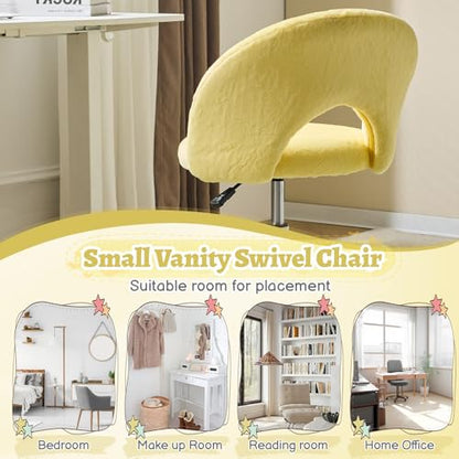 VINGLI Small Vanity Chair with Faux Fur Wheels for Girls,Cute Adjustable Height Armless Office Desk Chair,360°Swivel Comfy Rolling for Study,Make up Room,Small Space,Yellow - color: Furry Yellow