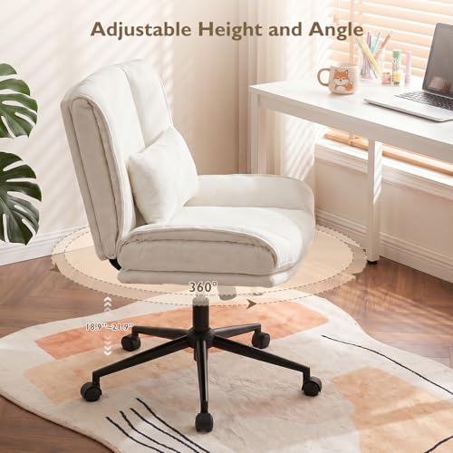 Armless Criss Cross Office Chair with Wheels,Chenille White | 5.5" Double Layers Thickened Seat Cushion and Backrest,Lumbar Pillow,Swivel Chair,Wide Comfortable Cross Legged,320LBS - color: White