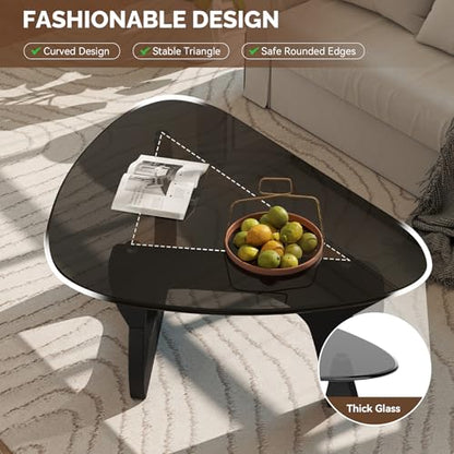 Modern Glass Coffee Table, Triangle Center Table with Tempered Glass Top& Unique Wooden Base, 35.5” Mid Century Tea Tables for Living Room, Apartment, Office,Black & Grey - color: Black & Grey, size: Medium 35.5*25.5*15.7in