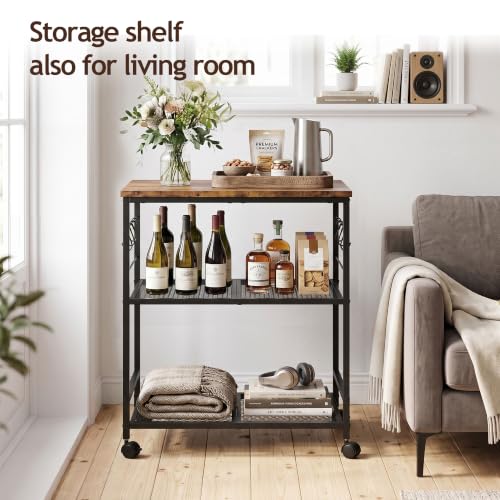 3-Tier Rolling Kitchen Microwave Cart with Storage, Mobile Kitchen Utility Cart with 2 Lockable Wheels, Coffee Bar Table Station with 6 S-Shaped Hooks for Kitchen Island, Living Room, Rustic Brown