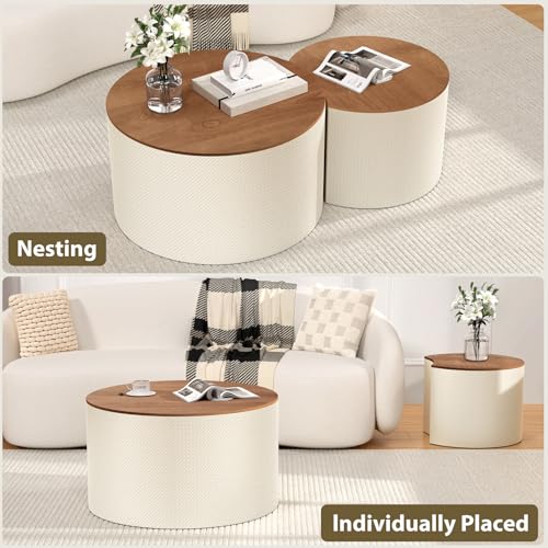 Nesting Coffee Table Set of 2, Round, White | Hidden Storage, Leather Wrapped, Stackable End Tables, No Assembly Required, For Small Space Living Room Apartment - color: White