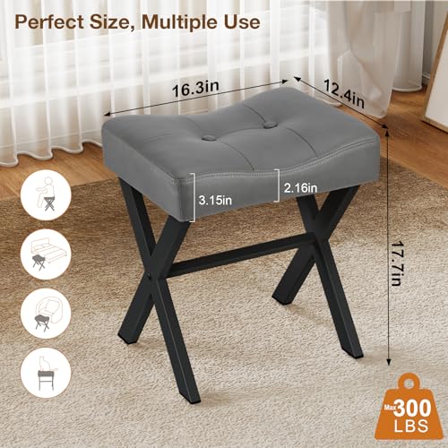 18-Inch Leather Vanity Stool Chair, Gray Makeup Stool | Vanity Bench, Metal X-Leg, 300 LBS, 16.3"x12.4"x18", Ottoman Accent Stool, Thick Padded Saddle Seat, For Living Room Bedroom - size: Small, style: Gray Leather