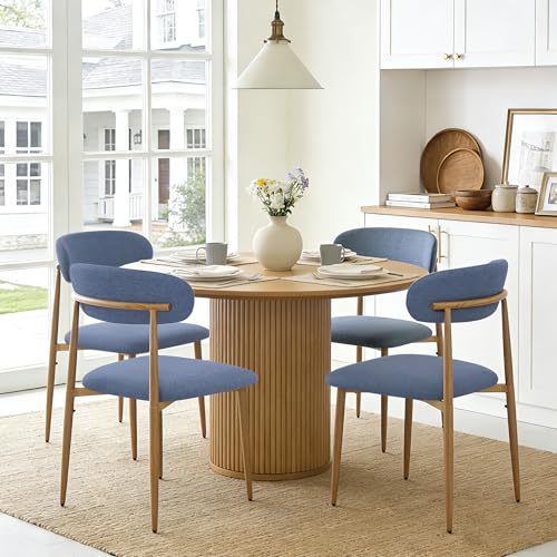 FREKEN Modern Upholstered Dining Chairs Set of 4, Mid-Century Metal Frame with Wood Grain, Linen Fabric Side Chair for Kitchen Dining Room, 350lbs Capacity, Blue - color: Blue - Wood Grain Legs, size: Set of 4