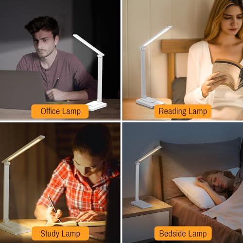 Rechargeable LED Desk Lamp, 5 Color Modes with 5 Brightness | 800LM 2600mAh Reading Table Lamp, Aluminum Bedside Lamp with USB Charging Port for Study Home Office, White - color: White