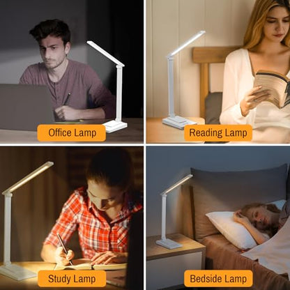 Rechargeable LED Desk Lamp, 5 Color Modes with 5 Brightness | 800LM 2600mAh Reading Table Lamp, Aluminum Bedside Lamp with USB Charging Port for Study Home Office, White - color: White