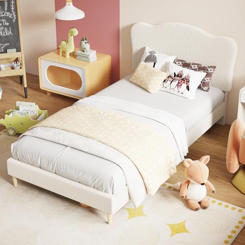 GarveeHome Upholstered Sturdy Twin XL Bed Frame for Kids, Girls, Boys,Beige | Adjustable Headboard, Sherpa Fleece, Upholstered, Sturdy Wood Slats, No Box Spring Needed, Easy Assembly - color: Beige, size: Twin XL