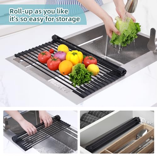 Ohuhu Roll Up Dish Racks, 16.5" L x 13" W Over The Sink Dish Drainer Drying Rack Kitchen Sink Organizer Silicone Wrapped Large in Sink Dish Drying Rack Foldable Rolling Drain Mats Anti-Slip - color: Black, size: 16.5"W x 13"L