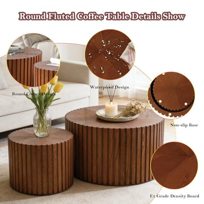 Handcraft Round Nesting Coffee Table (Brown 27.56+19.69in) | Chic Wave Stripe Edge, Modern Stylish Walnut Wooden Circle Fluted Center Table for Living Room - color: A Brown 27.56+19.69in