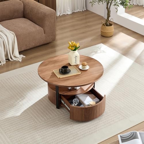 33 Inch Round Wood Coffee Table with Storage, Fluted Coffee Tables with 2 Tiers, Mid-Century Modern Center Table with a Single Drawer for Living Room - color: 33.07" 2 Tier-walnut