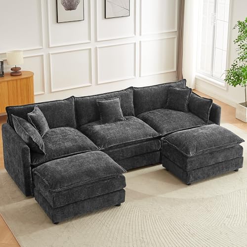 Modular Sectional Sofa, 112.2 Inch U Shaped Couch Set with Armrests, 3-Seater Comfy Cloud Couches with Movable Ottoman for Living Room Apartment, Grey - color: Grey, size: 112'' - U Shape