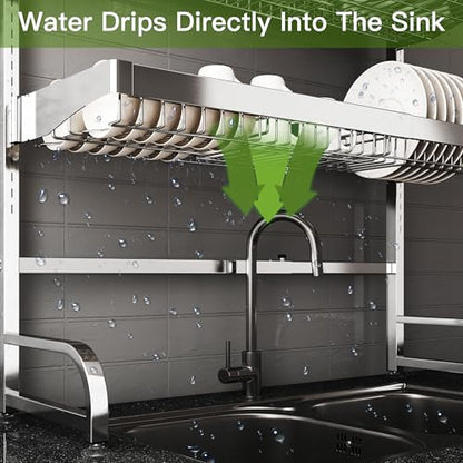 Over The Sink Dish Drying Rack, Extra Large Capacity Dish Drainer | 3 Tier Extra Large All Stainless Steel Expandable Plate Strainers, Rustproof Metal, Counter Space Saving, Modern Silver - color: Silver, style: Over Sink 3 Tier