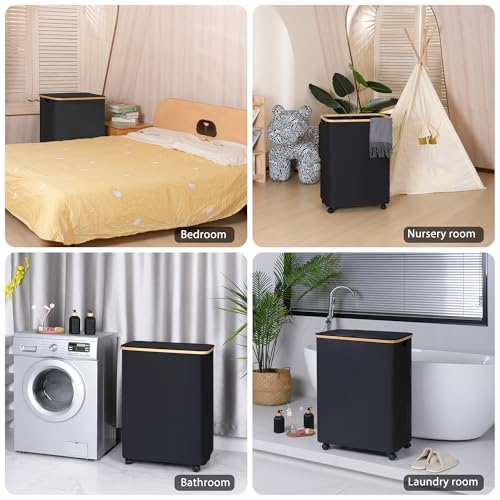 IEGrow Laundry Hamper with Lid,160L Laundry Basket with 3 Mesh Bags,Black | Dirty Clothes Hamper Basket with Bamboo Handle for Clothes Towels - color: Black, size: 160L