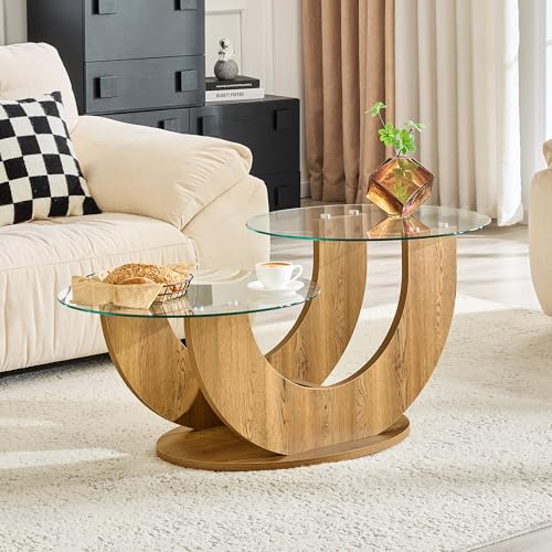Modern Glass Coffee Table, 31.8" U-Shaped Wood Base Side Table with Tempered Glass Top, 2-Tier Round Accent Table with Natural Wood Finish for Living Room, Bedroom, Office - color: Natural Wood, size: 31.8" U-Shaped