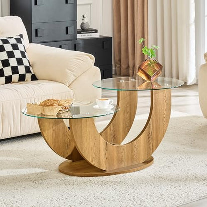 Modern Glass Coffee Table, 31.8" U-Shaped Wood Base Side Table with Tempered Glass Top, 2-Tier Round Accent Table with Natural Wood Finish for Living Room, Bedroom, Office - color: Natural Wood, size: 31.8" U-Shaped