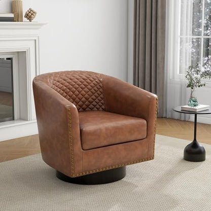 Faux Leather Swivel Accent Chair, Modern Barrel Club Armchair, Brown | Comfy Living Room Chair, Modern Nailhead Trim Round Armchair Bedroom Reading Seat with Removable Cushion, Wood Frame - color: Retro Brown