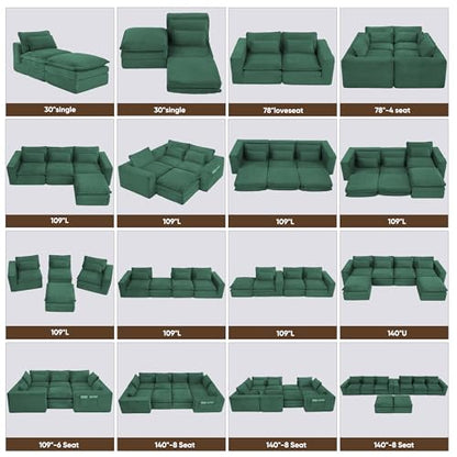 140" U Shape Modular Sectional Sofa with Ottoman, Boneless Couch Three-Layer Deep 4 Seat Convertible Pull Out Sleeper Sofa Bed for Living Room Apartment No Assembly 140" U-Green - size: 140"U