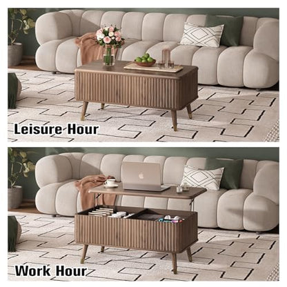 SULIVES Lift Top Coffee Table with Storage,Fluted Coffee Table with Lifting Top,Mid Century Modern Center Table with Solid Wood Legs,Small Coffee Tables for Living Room,Walnut - color: Walnut_rectangular