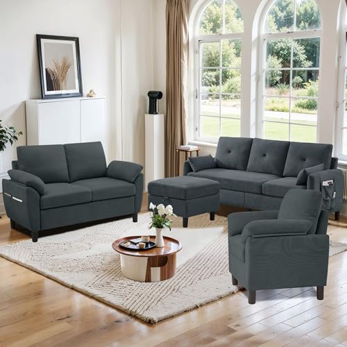 4 PCS Living Room Furniture Set, 3 Seat Couch & Loveseat & Armchair with Storage Ottoman, Modern Couch Set with Side Pockets, Couches for Living Room (3+2+1 Seat/Dark Grey) - color: Dark Grey, size: sofa+loveseat+Chair