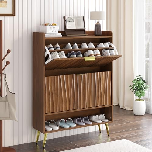 Shoe Storage Cabinet with with 2 Flip Drawers, Entryway Shoe Rack Organizer with Water Ripple Textured Front, Slim Shoe Cabinet with Gold Metal Legs for Hallway, Living Room, Walnut - size: 9.4"D x 31.5"W x 42.9"H