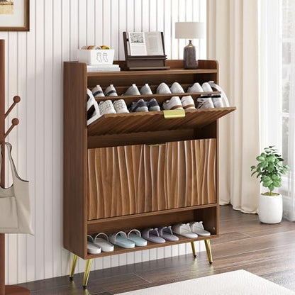 Shoe Storage Cabinet with with 2 Flip Drawers, Entryway Shoe Rack Organizer with Water Ripple Textured Front, Slim Shoe Cabinet with Gold Metal Legs for Hallway, Living Room, Walnut - size: 9.4"D x 31.5"W x 42.9"H