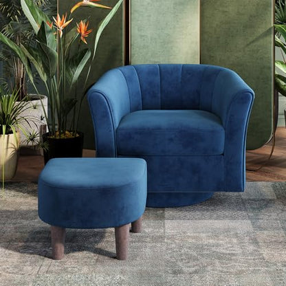 LINSY Large Swivel Accent Chair with Ottoman, Velvet Barrel Chair with Footrest, Modern Upholstered Comfy Reading Chair Armchair for Living Room, Bedroom, Study Room, Office, Blue - color: Blue, size: Large